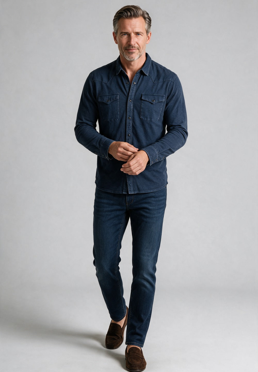 John Varvatos Arvon Knit Western Shirt, Navy – worn with denim