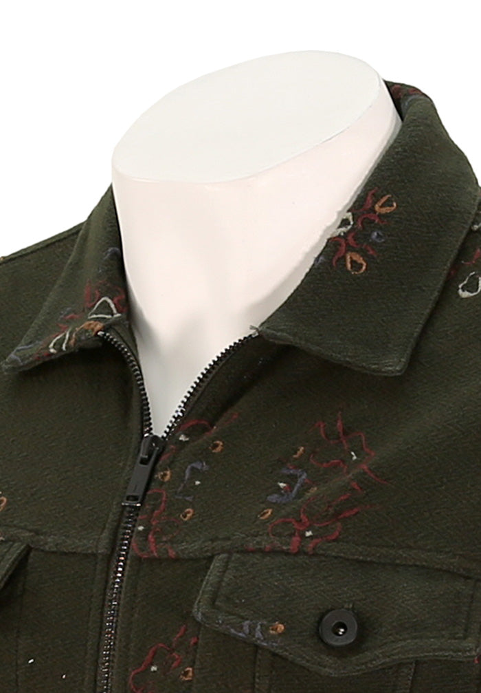 John Varvatos Anthony Trucker Jacket for Men in Moss Green Embroidery Close Up
