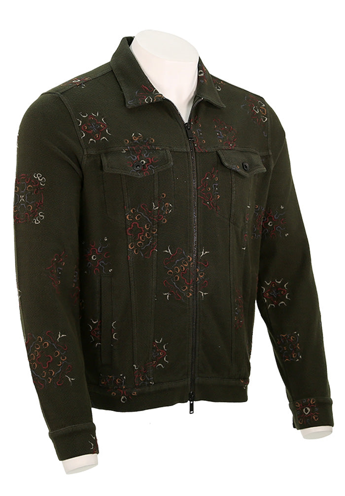 John Varvatos Anthony Trucker Jacket for Men in Moss Green Embroidery Side View