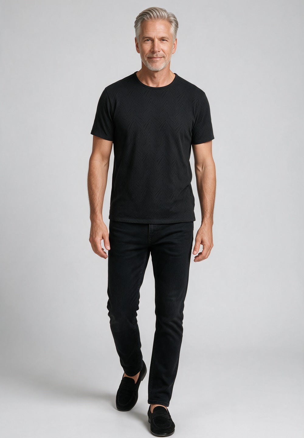 John Varvatos Mooney Textured Crew Tee, Black – worn with denim
