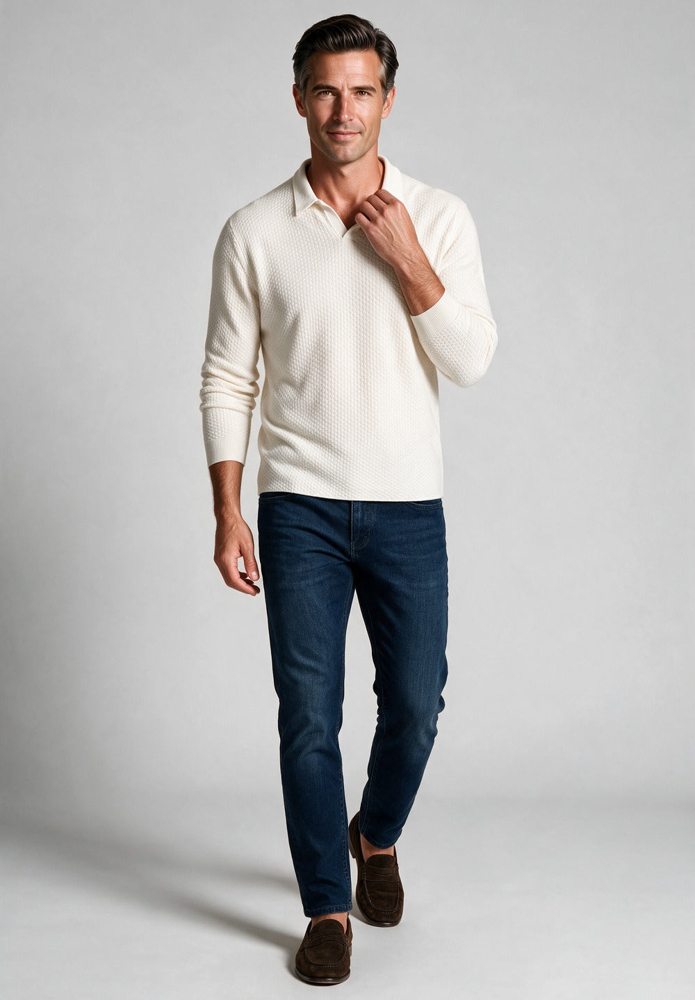 John Varvatos Zack Johnny Collar Polo, Salt – worn with denim
