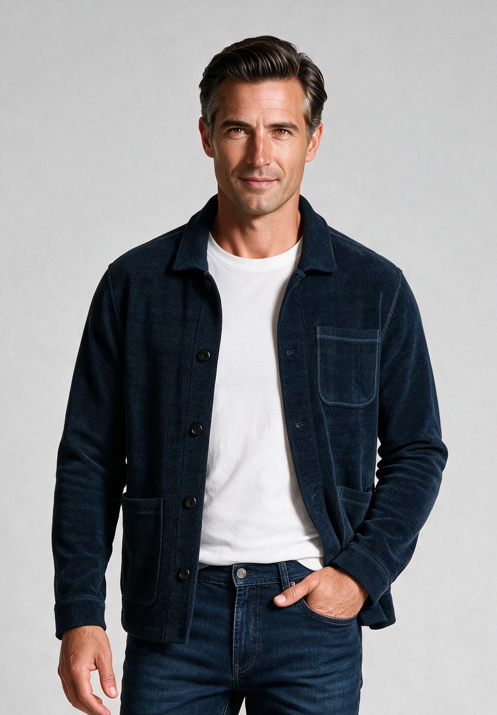 John Varvatos Edmunds Chenille Chore Jacket, Navy – model detail