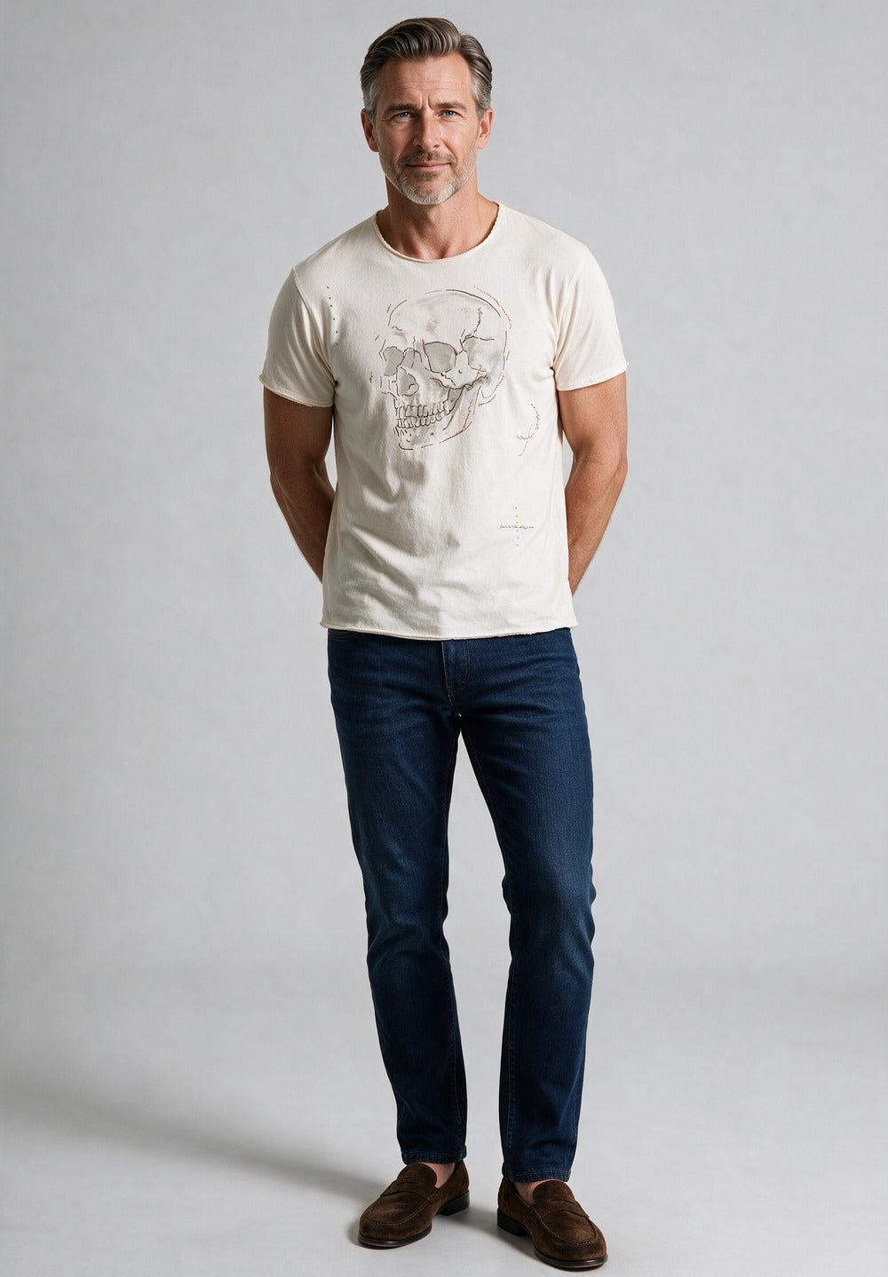 John Varvatos Skull Embroidery Raw Edge Tee, Salt – worn with denim