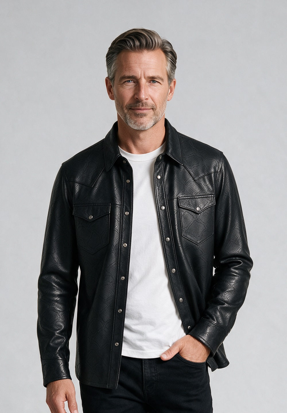 John Varvatos Sage Leather Shirt Jacket, Black – model detail