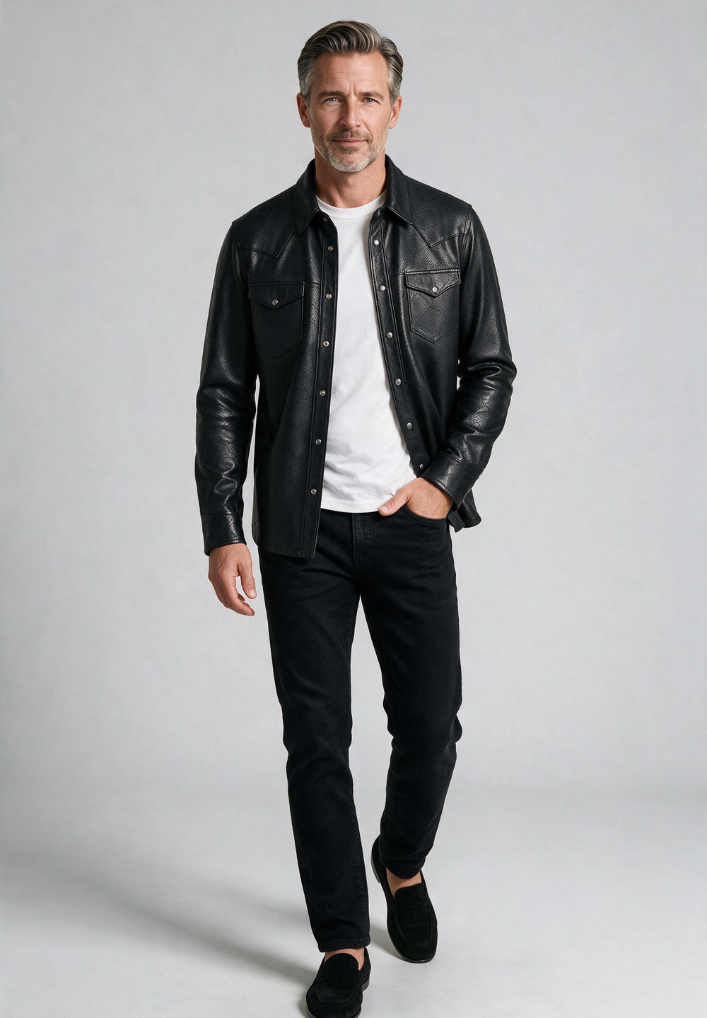 John Varvatos Sage Leather Shirt Jacket, Black – worn with denim