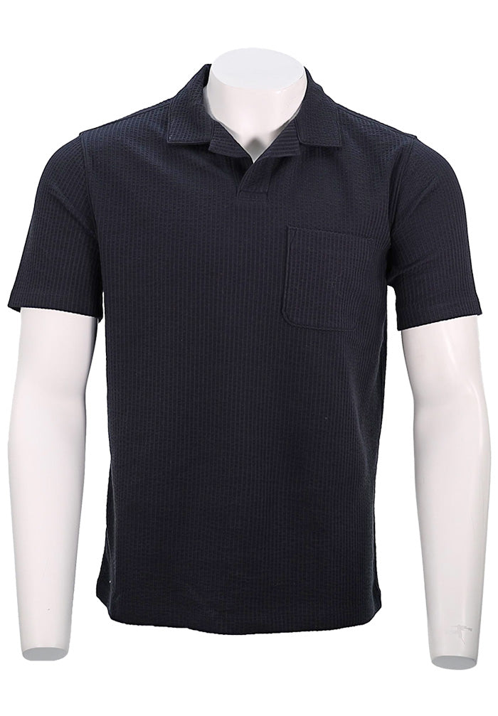 Vince Seersucker Knit S/S Johnny Collar, Coastal Blue