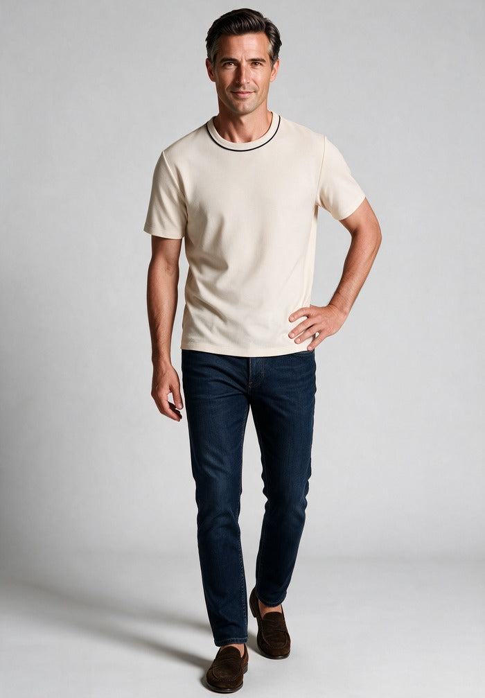 Vince Tipped Pima Cotton Piqué T-Shirt, Blanco – worn with denim