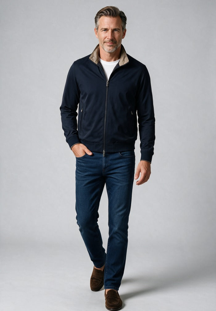 Paul & Shark Full Zip Sweater, Navy — worn with denim
