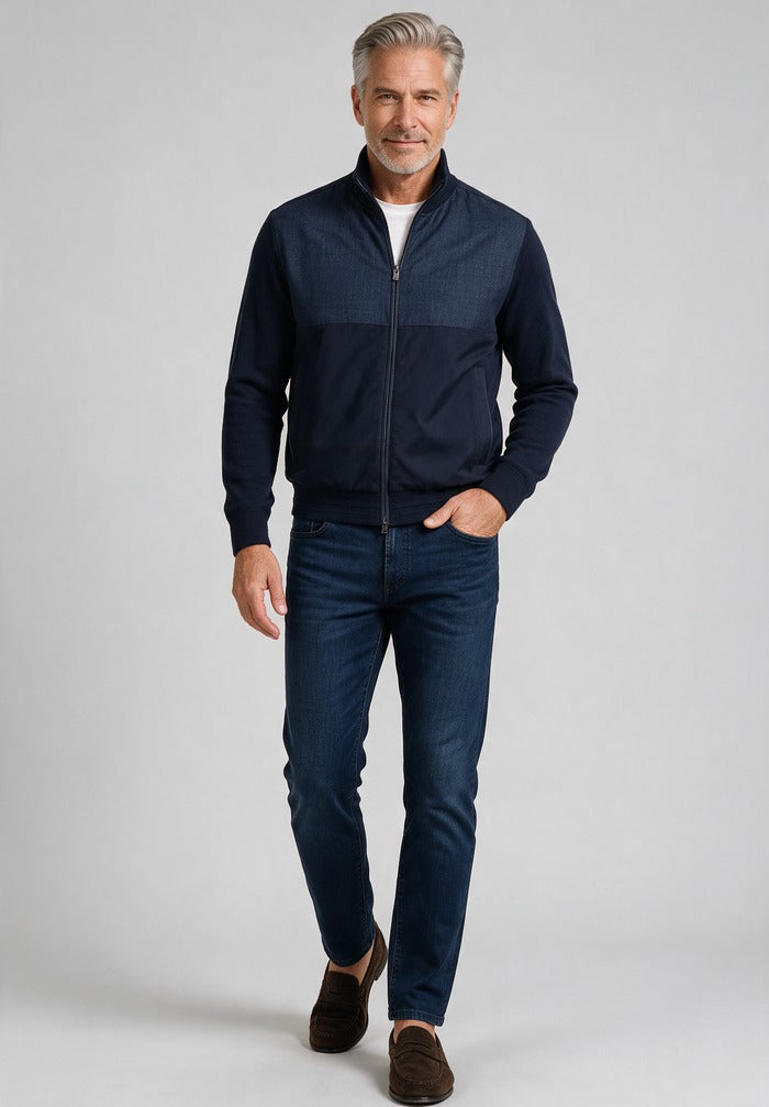 Paul & Shark Full Zip Sweater, Navy — worn with denim