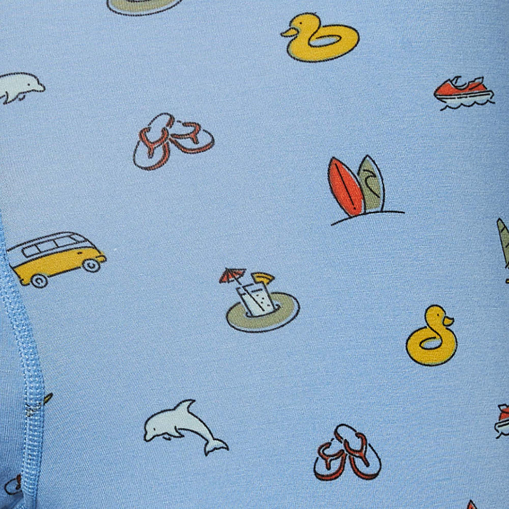 Close-up of summer-themed design on Saxx Ultra Light Blue Boxer Briefs with surfboards, flip flops, and dolphins