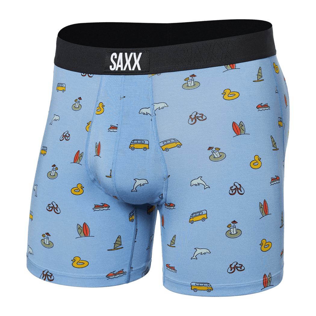 Saxx Ultra Men’s Boxer Briefs in Light Blue with Summer Print of Surfboards, Dolphins, and Flip Flops – Mondo Uomo