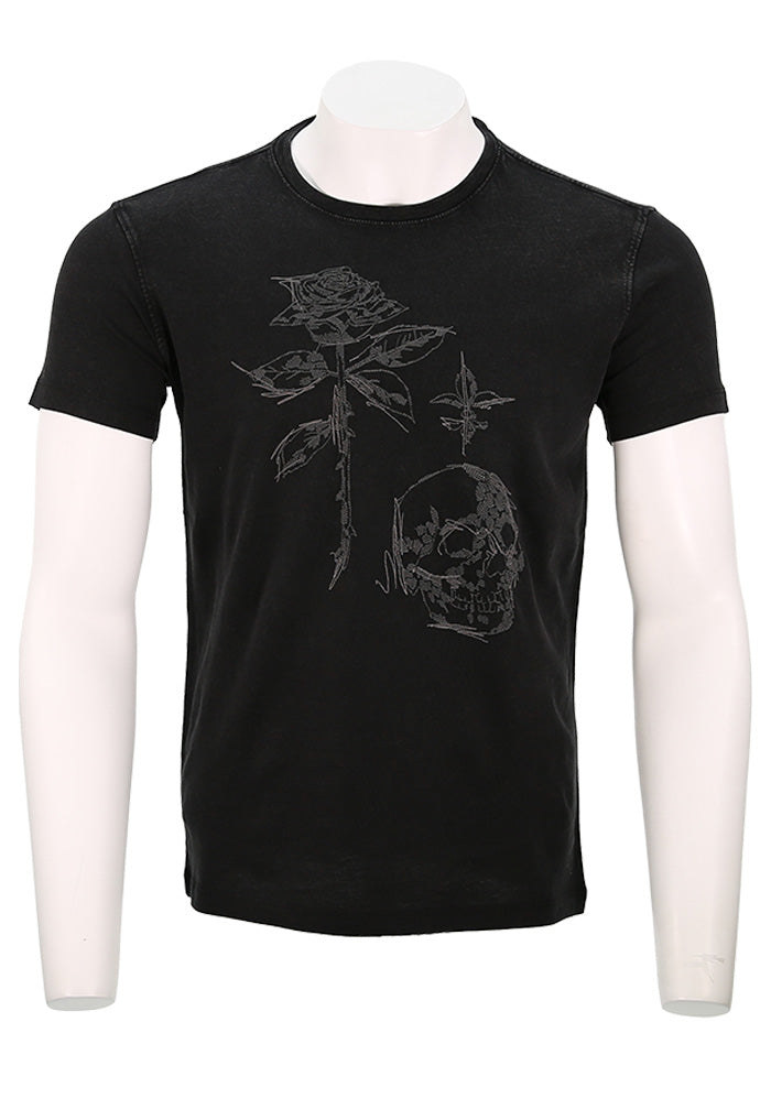 John Varvatos Men’s Short Sleeve Crew T-Shirt in Black with Rose and Skull  – Mondo Uomo