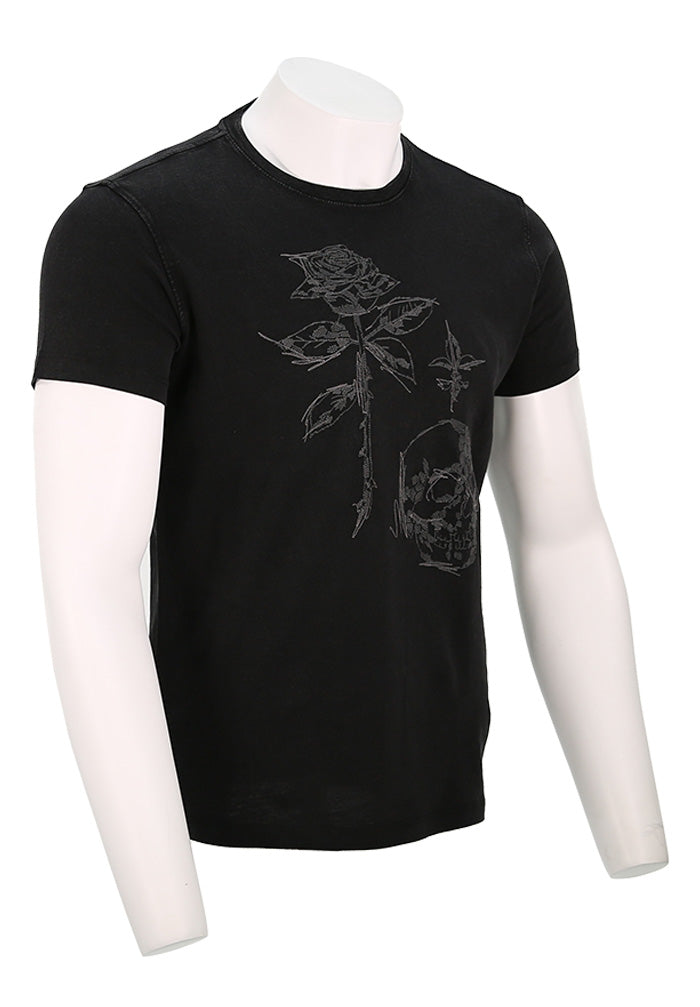 John Varvatos Men’s S/S Crew T-Shirt -Rose & Skull in Black Side View