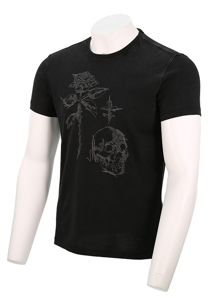 John Varvatos Men’s S/S Crew T-Shirt in Black - S/S Crew Rose and Skull KG6913S25-BQM14B