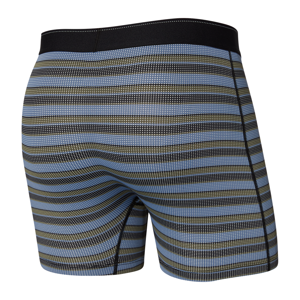 Back view of Saxx Quest Grey and Blue Striped Boxer Briefs with Black Waistband