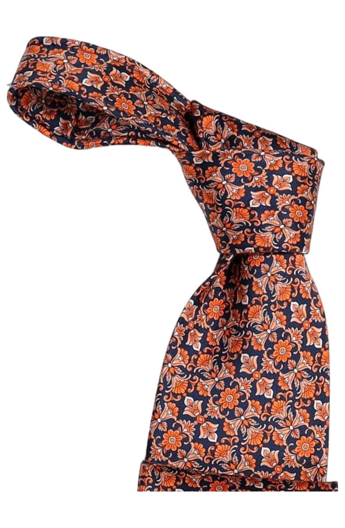 Italo Ferretti Silk Tie, Navy Orange Floral Medallion