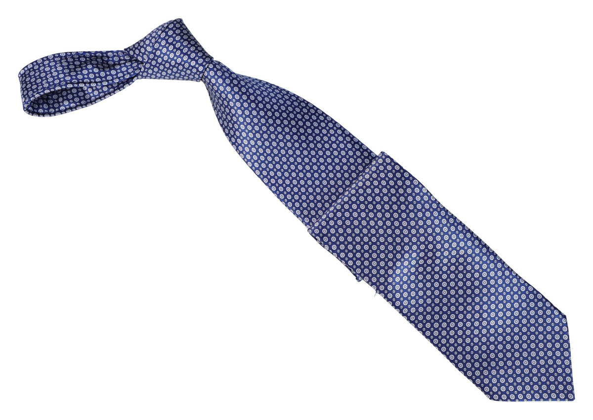 Italo Ferretti - Silk Tie - Mens Tie - Mondo Uomo - Navy Silver Dot Medallion - TIE12-07 - Front