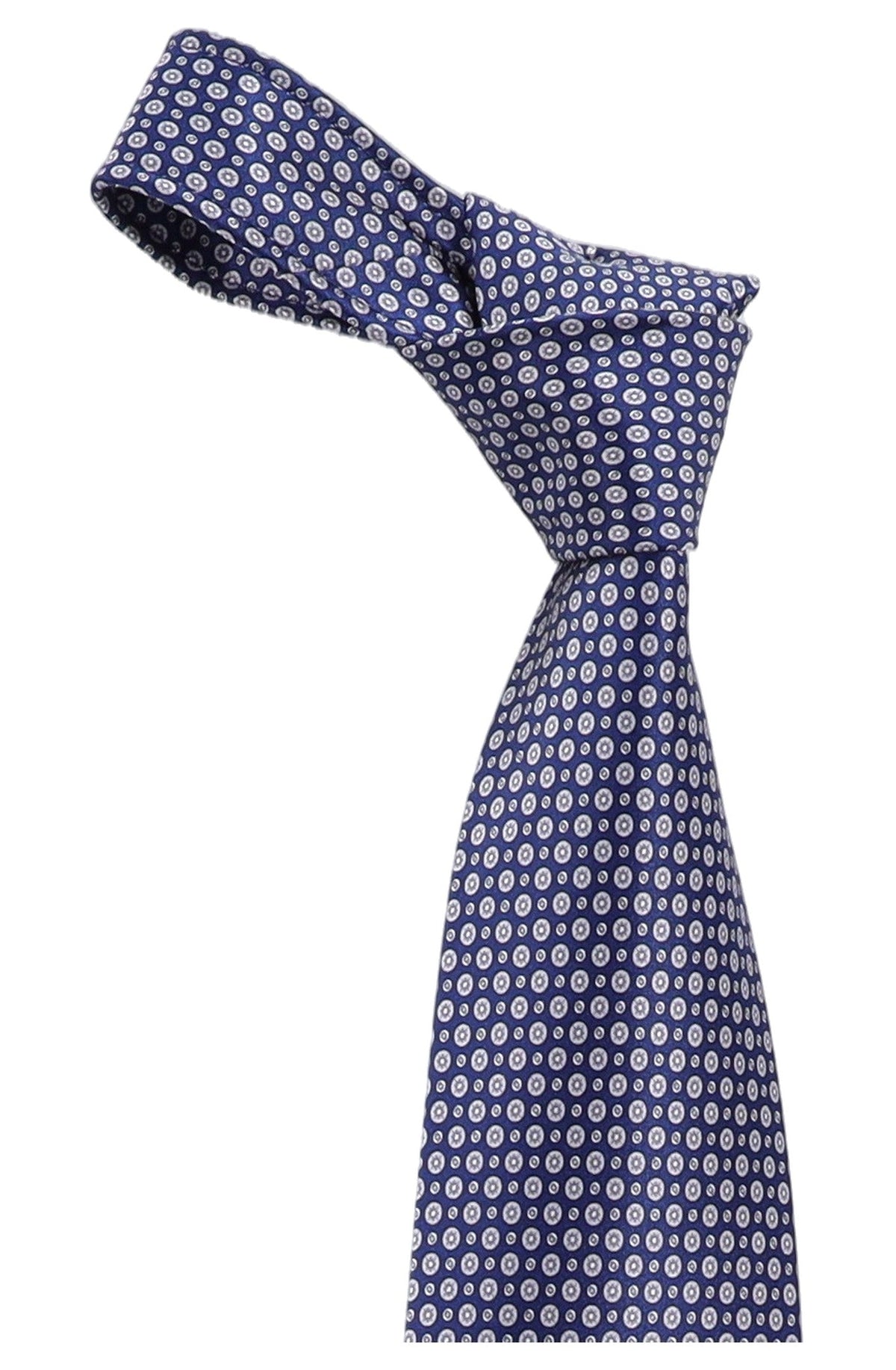 Italo Ferretti Silk Tie, Navy Silver Dot Medallion