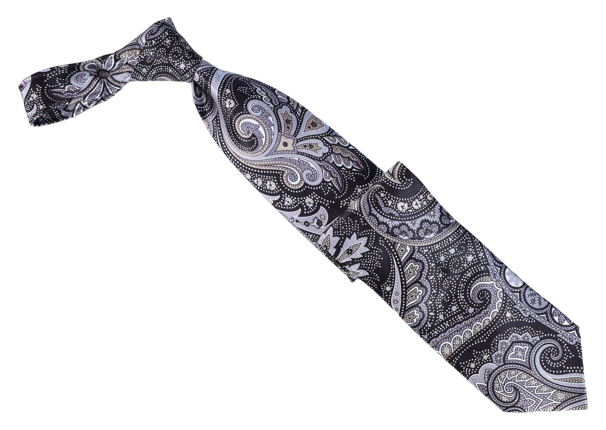 Italo Ferretti - Silk Tie - Mens Tie - Mondo Uomo - Black Silver Paisley - TIE12-09 - Front