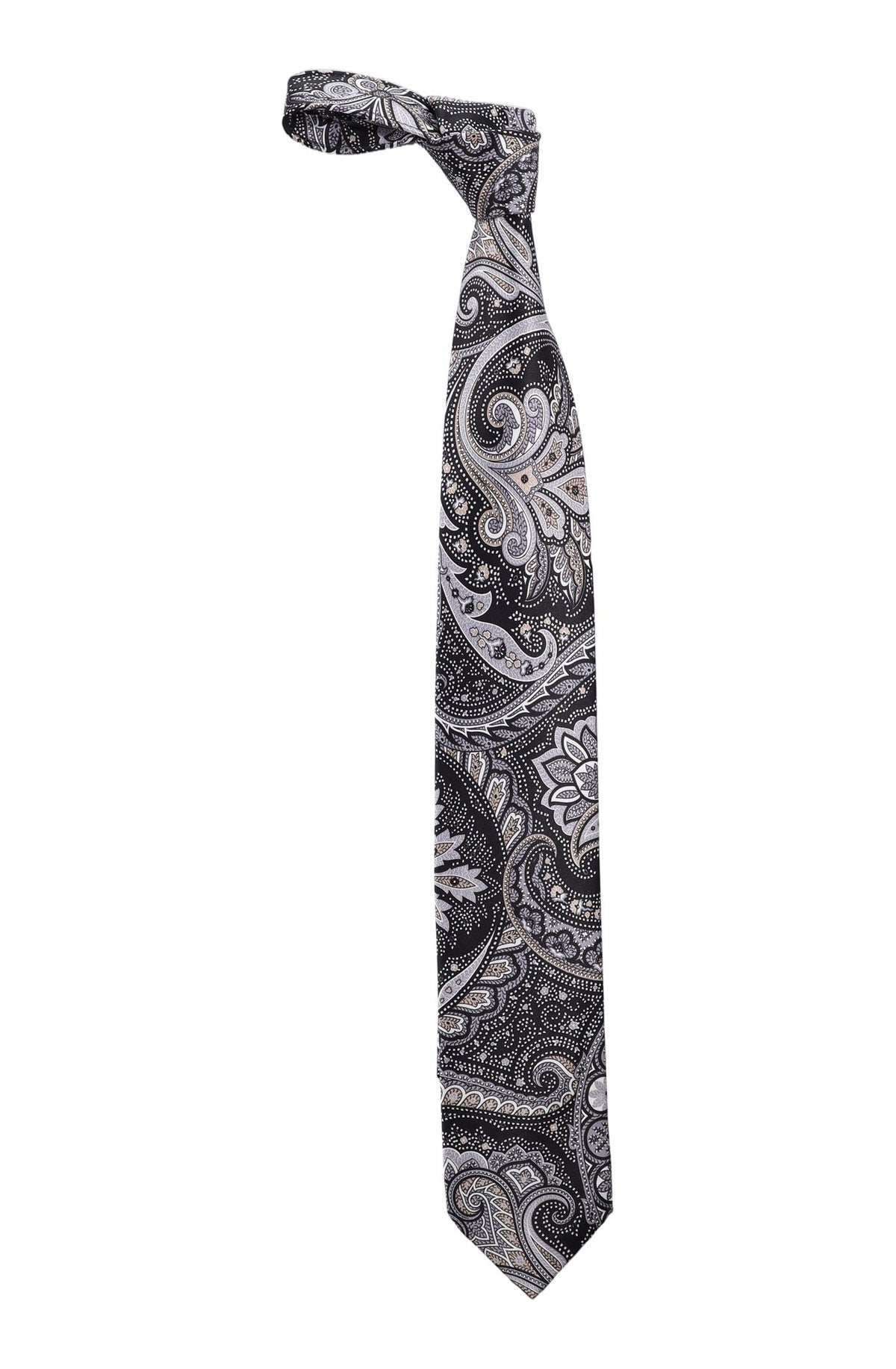 Italo Ferretti Silk Tie, Black Silver Paisley