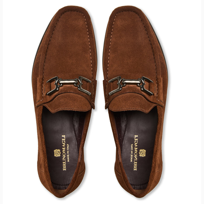 Bruno Magli Trieste Classic Moccasin For Men in Cognac Suede Top View - Mondo Uomo