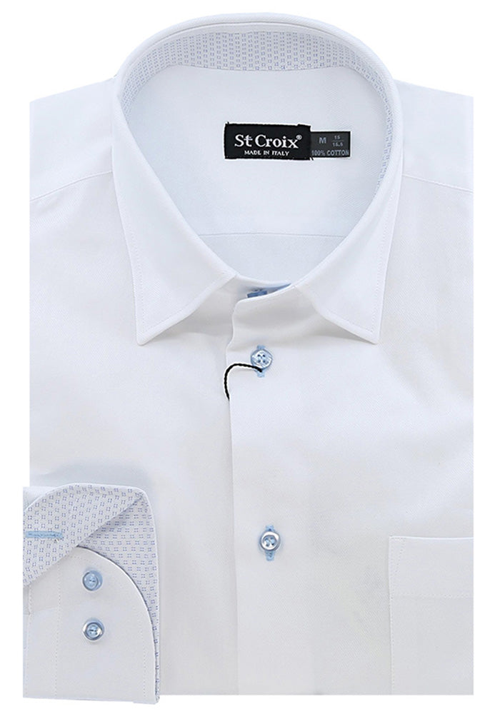 St. Croix L/S Solid Twill Shirt For Men In White With Light Blue Micro-Pattern - Mondo Uomo