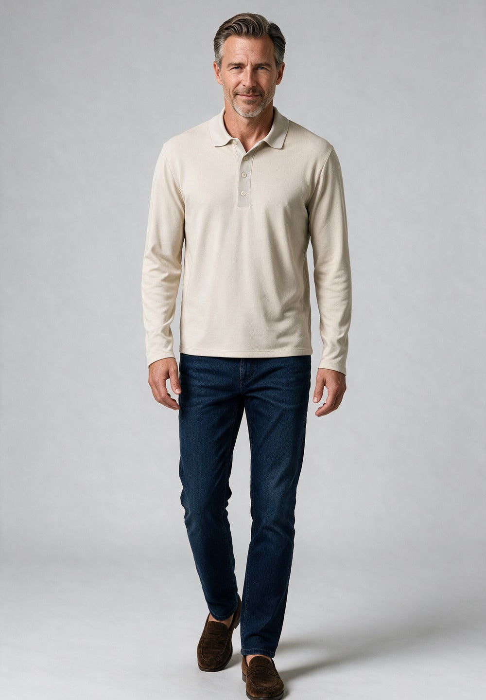 Vince Pima Cotton Milano Long-Sleeve Polo, Baja Sand — worn with denim