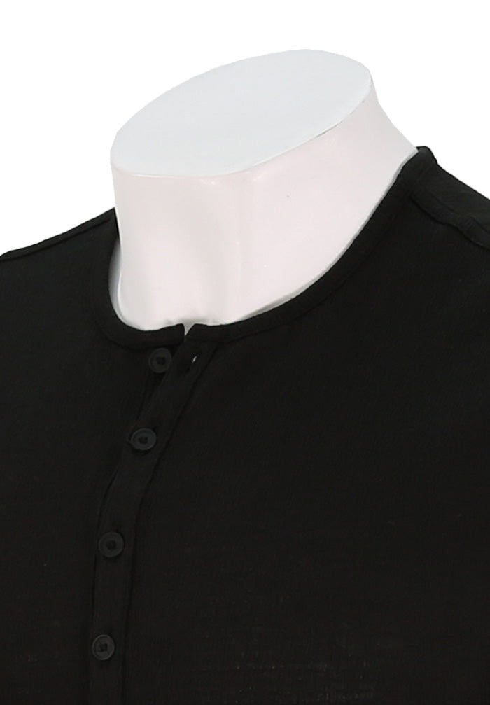 John Varvatos Walden Men's L/S Black Henley in Broken Stitch Close Up