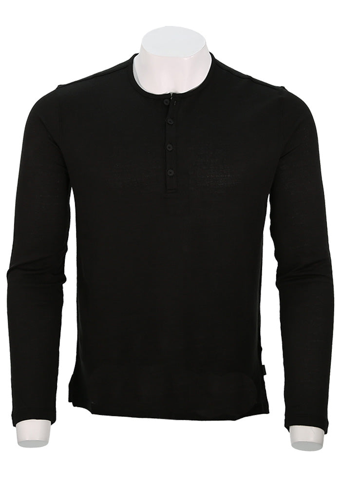 John Varvatos Walden Men’s Long Sleeve Henley Black Shirt in Broken Stitch – Mondo Uomo