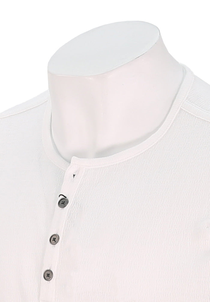 John Varvatos Walden Men's L/S White Henley in Broken Stitch Close Up