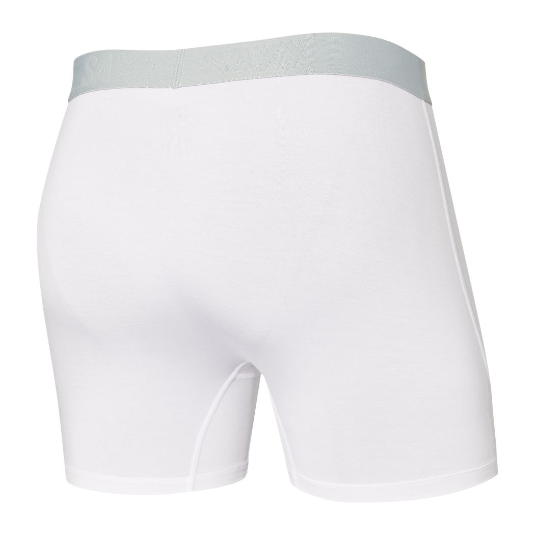 Back view of Saxx Ultra Men’s White Boxer Briefs with Light Grey Waistband