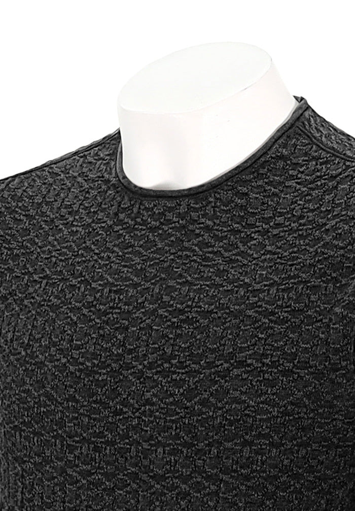John Varvatos Men's Riley Long Sleeve Texture Crew Neck with Vintage Wash In Black Close Up