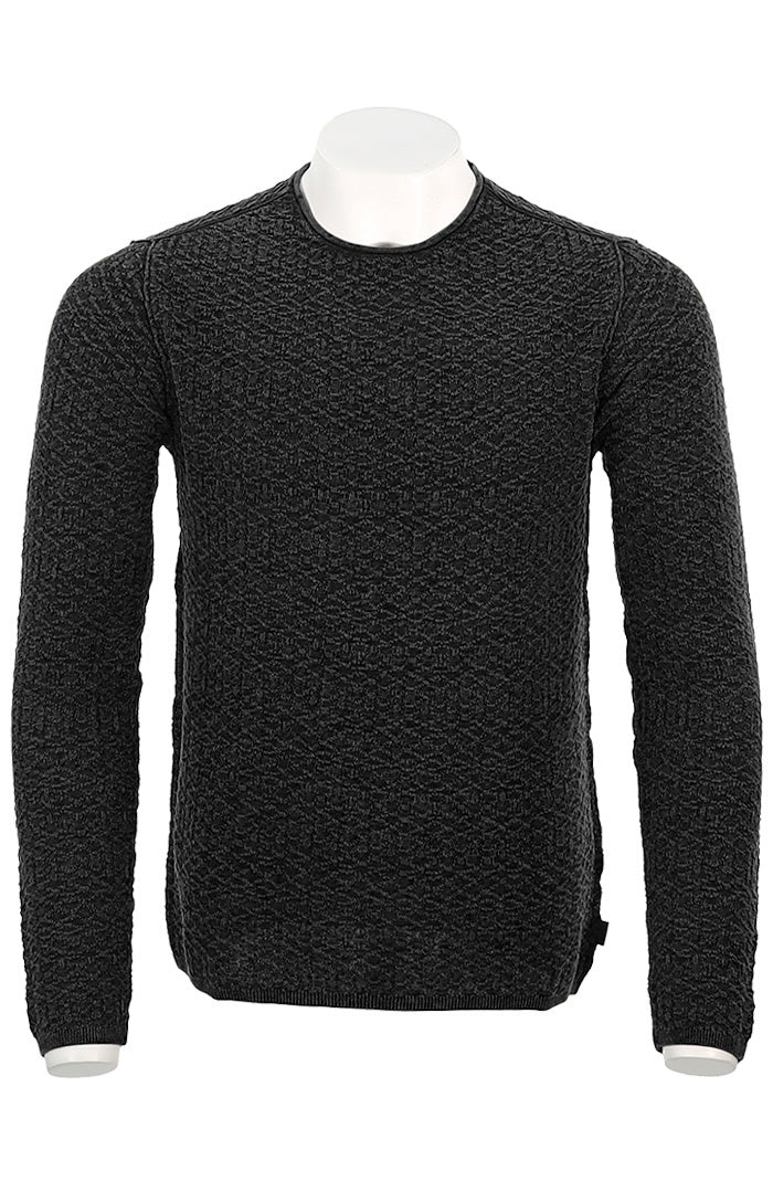 John Varvatos Men's Riley Long Sleeve Texture Crew Neck with Vintage Wash In Black -Mondo Uomo