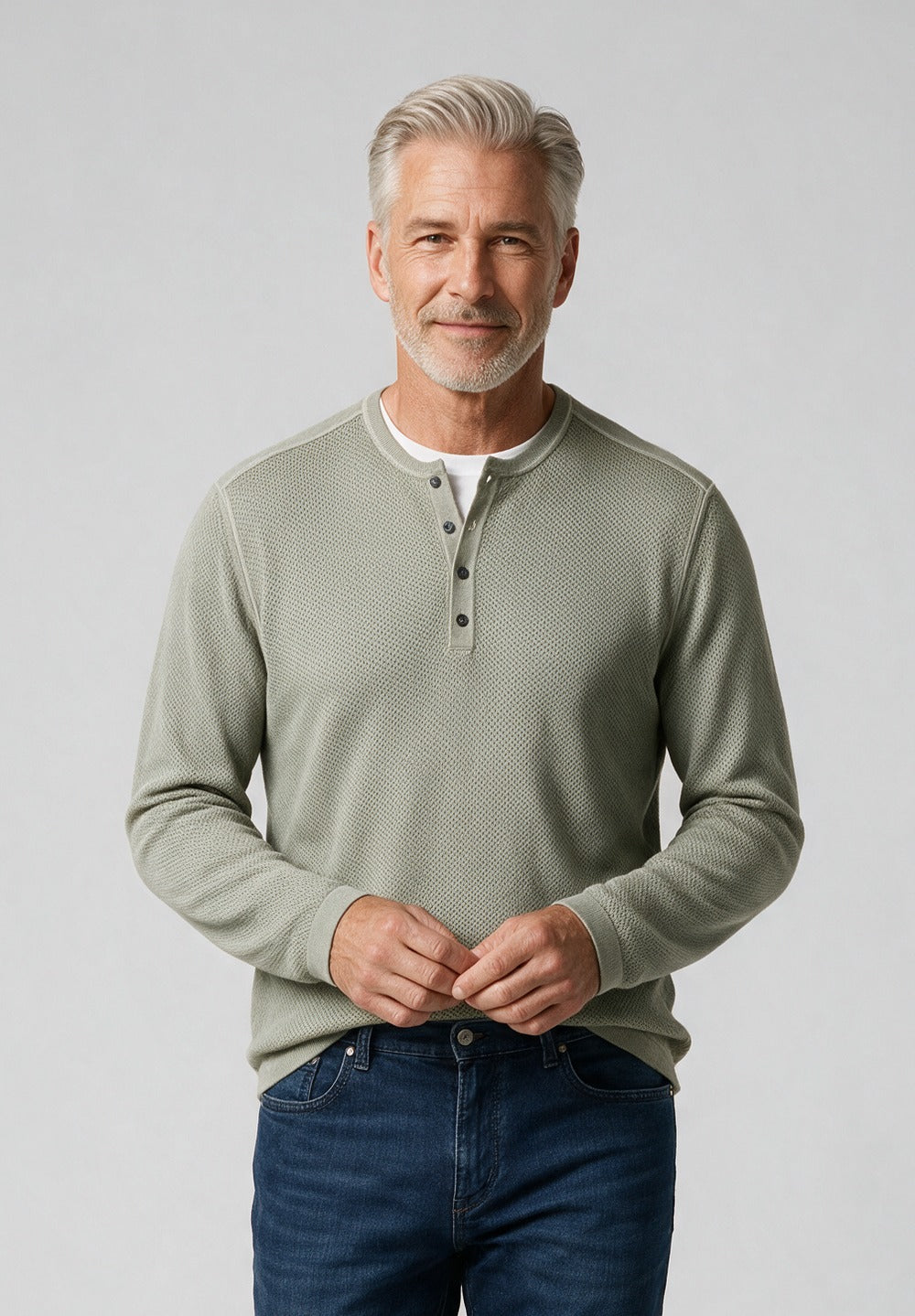 John Varvatos Quinn Mesh Stitch Henley Sweater, Haze Grey – model detail