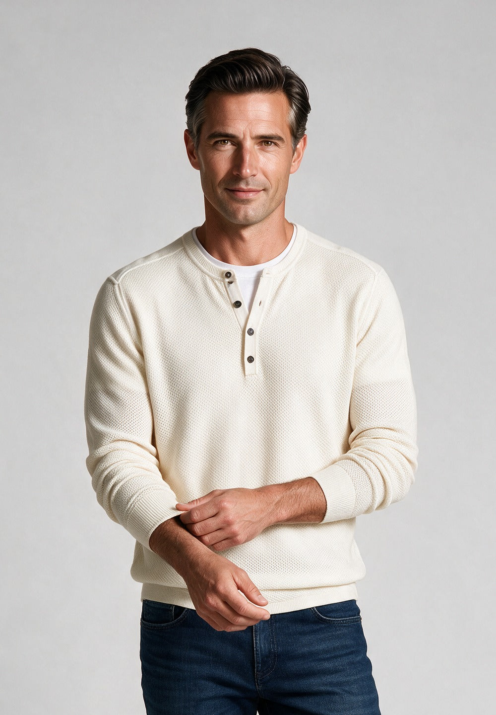 John Varvatos Quinn Mesh Stitch Henley Sweater, Salt – model detail