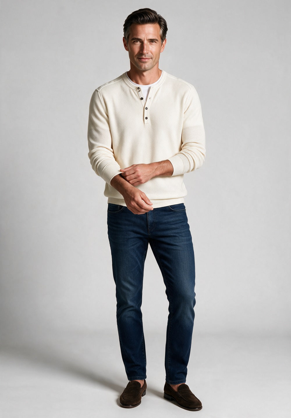 John Varvatos Quinn Mesh Stitch Henley Sweater, Salt – worn with denim