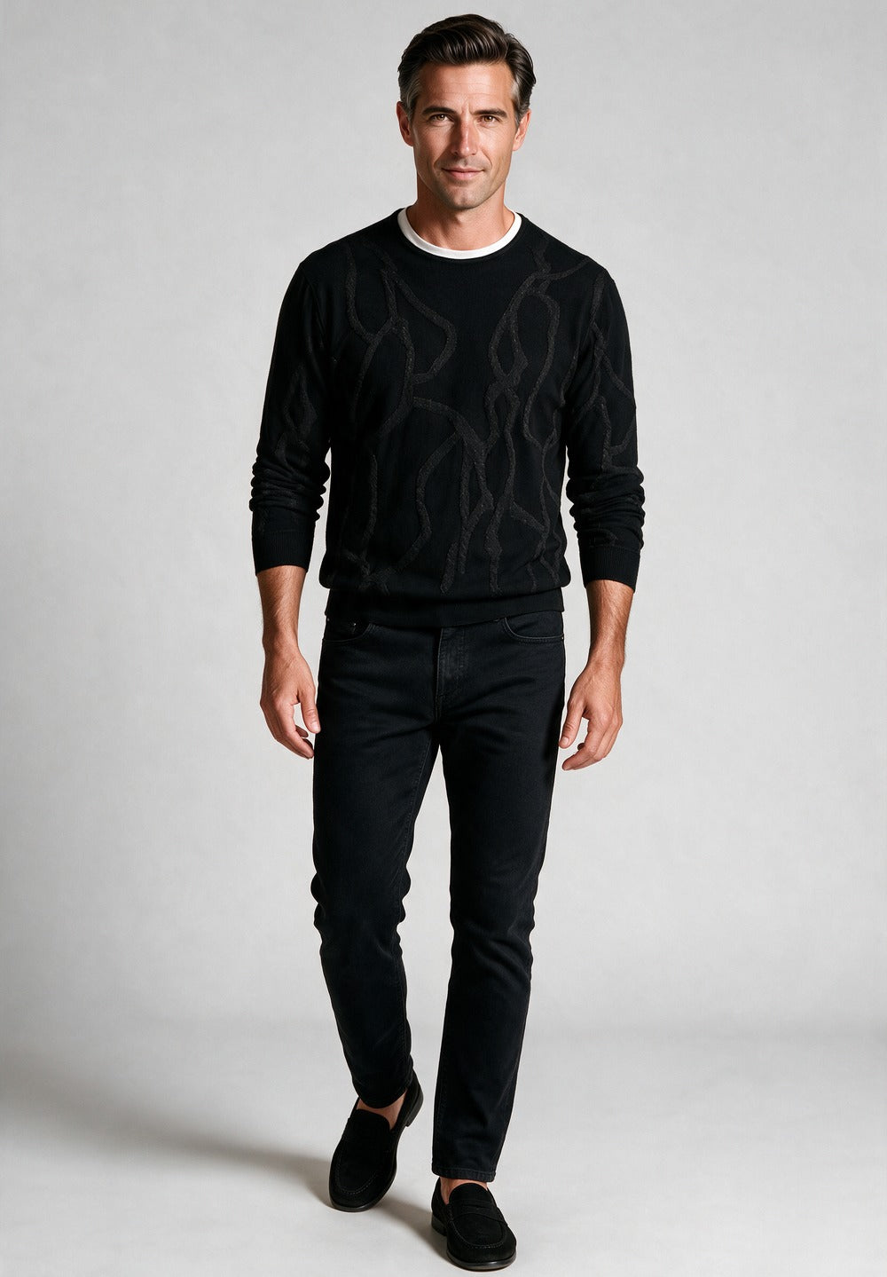 John Varvatos Addison Cable Crewneck Sweater, Black – worn with denim