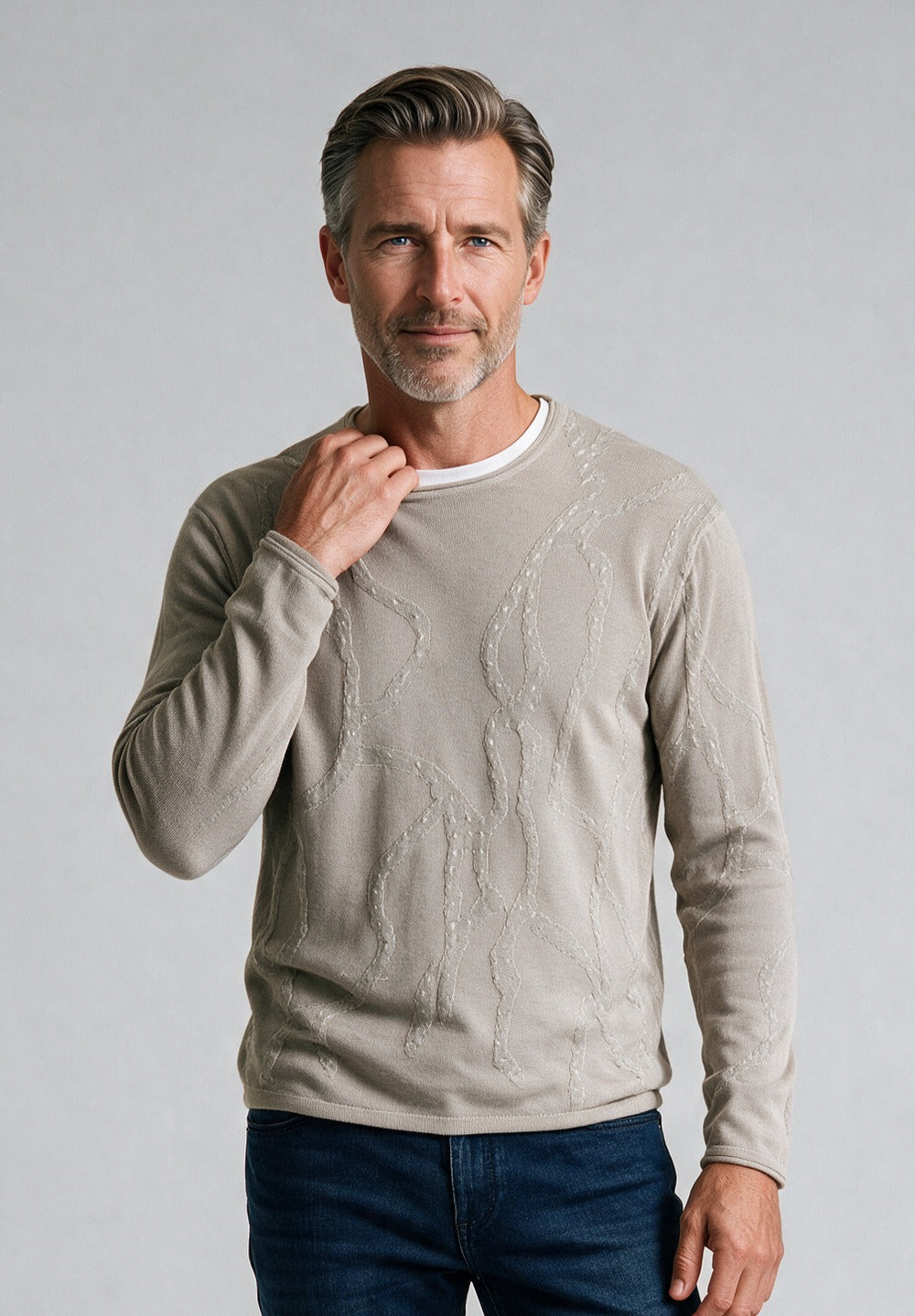 John Varvatos Addison Cable Crewneck Sweater, Pavement – model detail