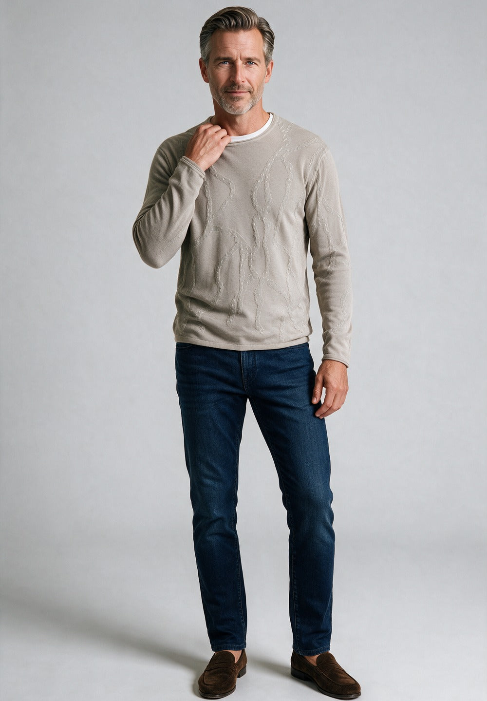John Varvatos Addison Cable Crewneck Sweater, Pavement – worn with denim