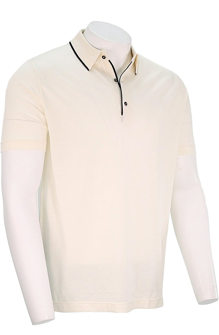 St. Croix Men's Short Sleeve Silk Cotton Polo w/ Placket Tipping In Ivory Angled View 3973