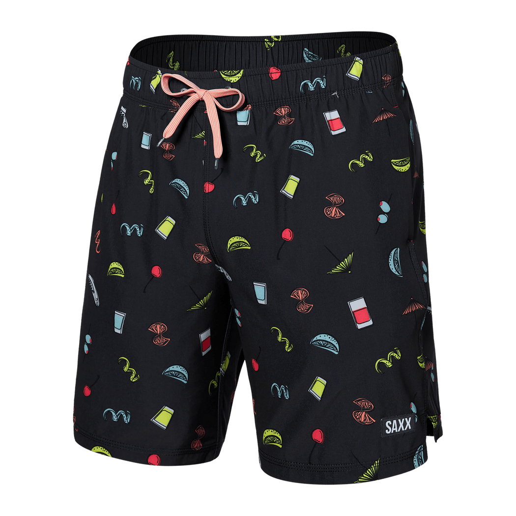 Saxx Oh Buoy Men’s 7-Inch Swim Shorts in Black with Tropical Icons Print, Elastic Waistband – Mondo Uomo