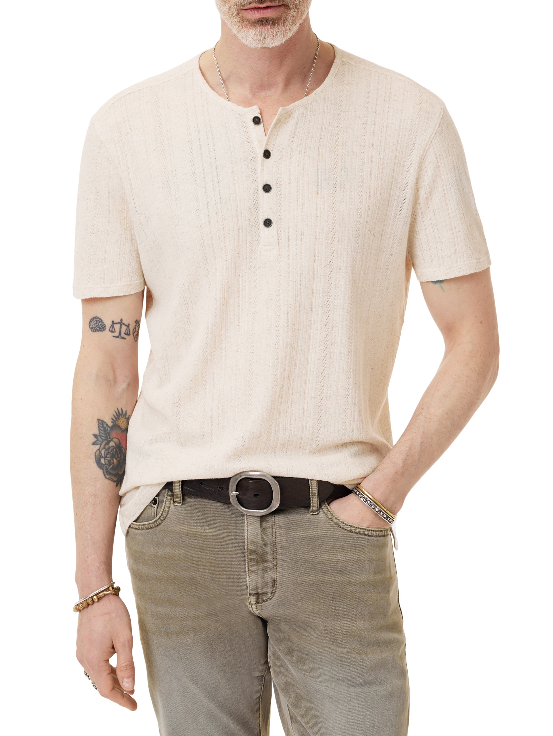 John Varvatos Men’s Short Sleeve Henley Shirt in Chalk On Model- Mondo Uomo