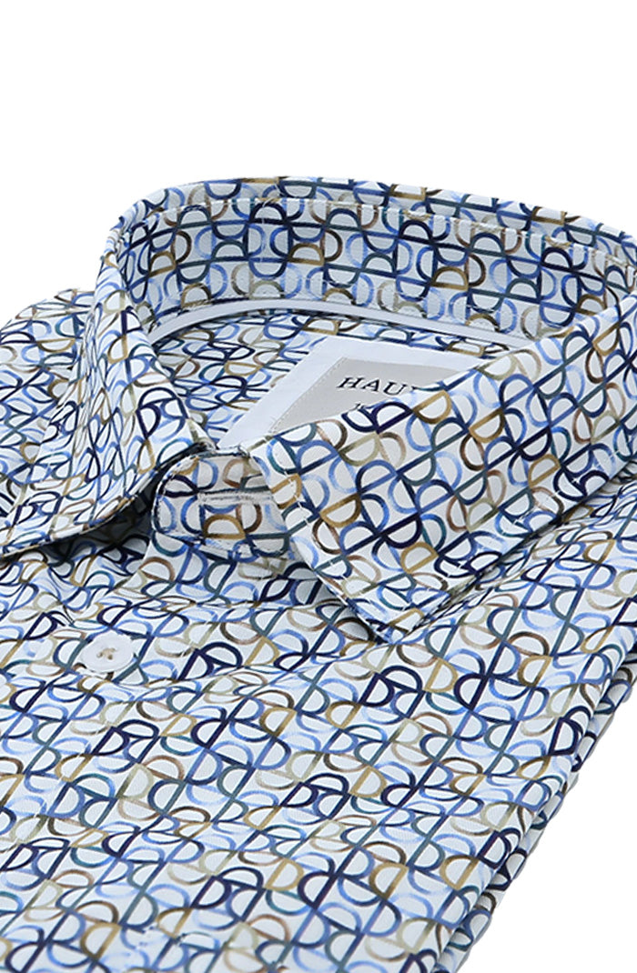 Haupt Men's Long Sleeve Shirt in Modern Fit With Soft Tones of Blue, Beige, and Navy Close Up 9053-2304