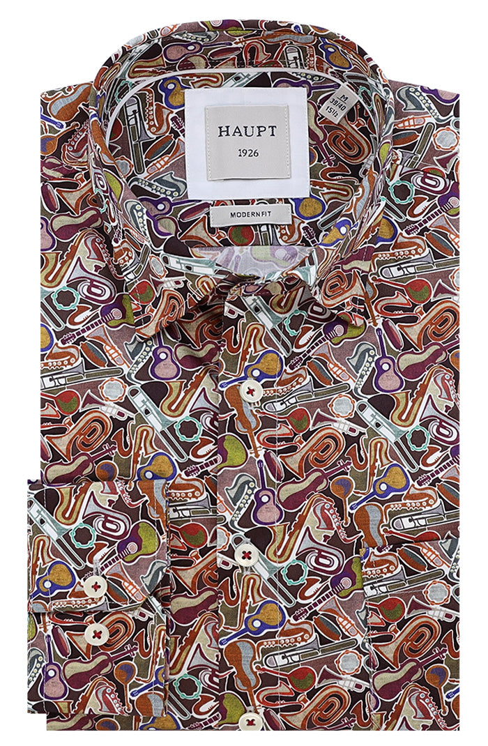 Haupt Long Sleeve Shirt For Men In Multicolored Musical Instrument Print - Mondo Uomo