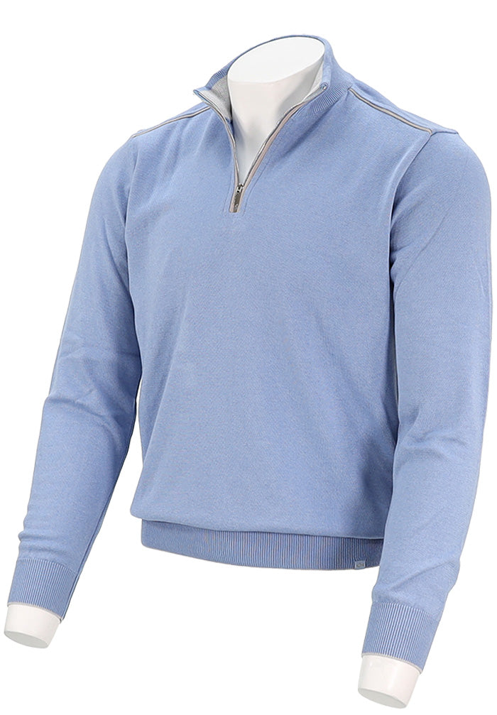 PAUL & SHARK Men's Leather Trim Cotton & Cashmere Half Zip Sweater In Light Blue Angled View- Mondo Uomo