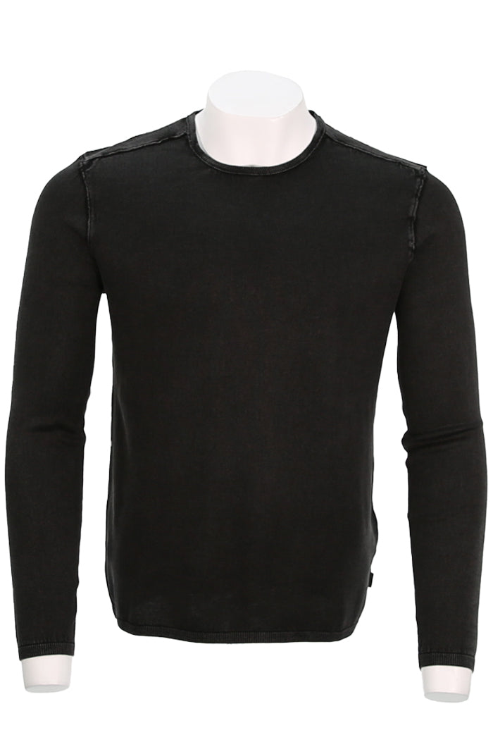 John Varvatos Men's Walter Long Sleeve Crew Neck with Leather Trim In Black - Mondo Uomo
