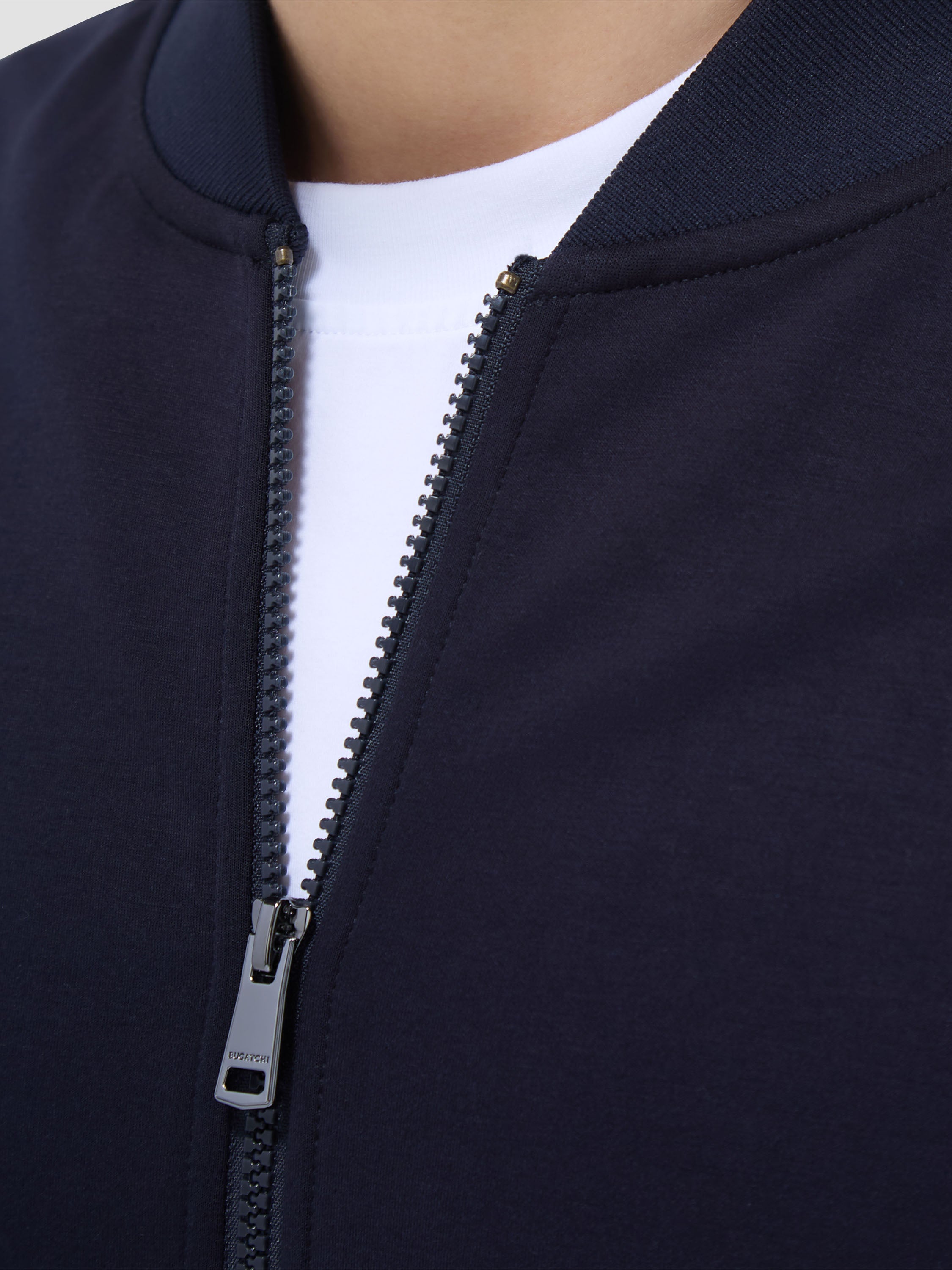 Bugatchi Soft Touch Knit Bomber For Men In Navy Close Up GF2420K73