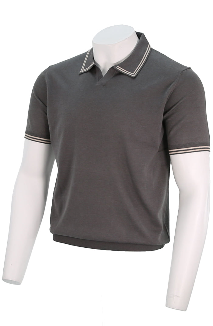 Corneliani Men's Tipped Collar Knit Polo In Charcoal Angled View - Mondo Uomo