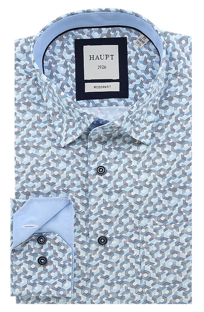 Haupt Men's Blue Geometric Long Sleeve Shirt - Mondo Uomo