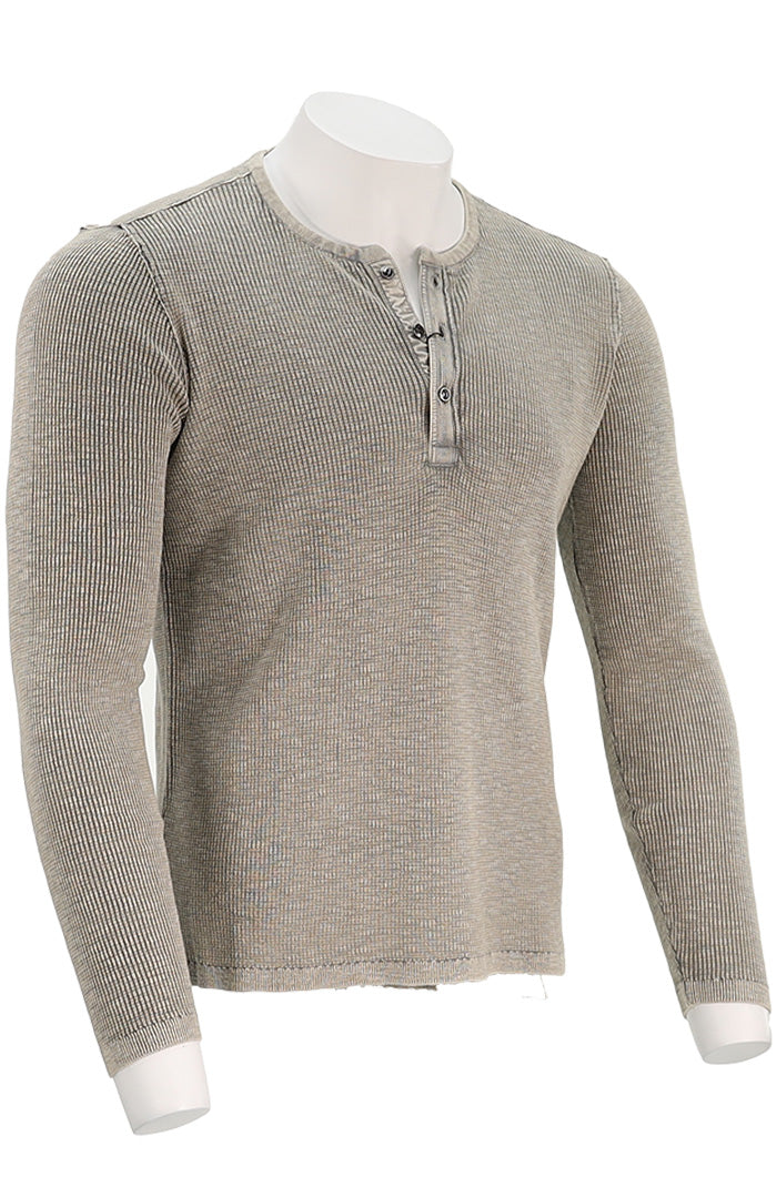 John Varvatos Memphis Men’s Grey Heather Waffle Henley Long Sleeve Side Angle Memphis